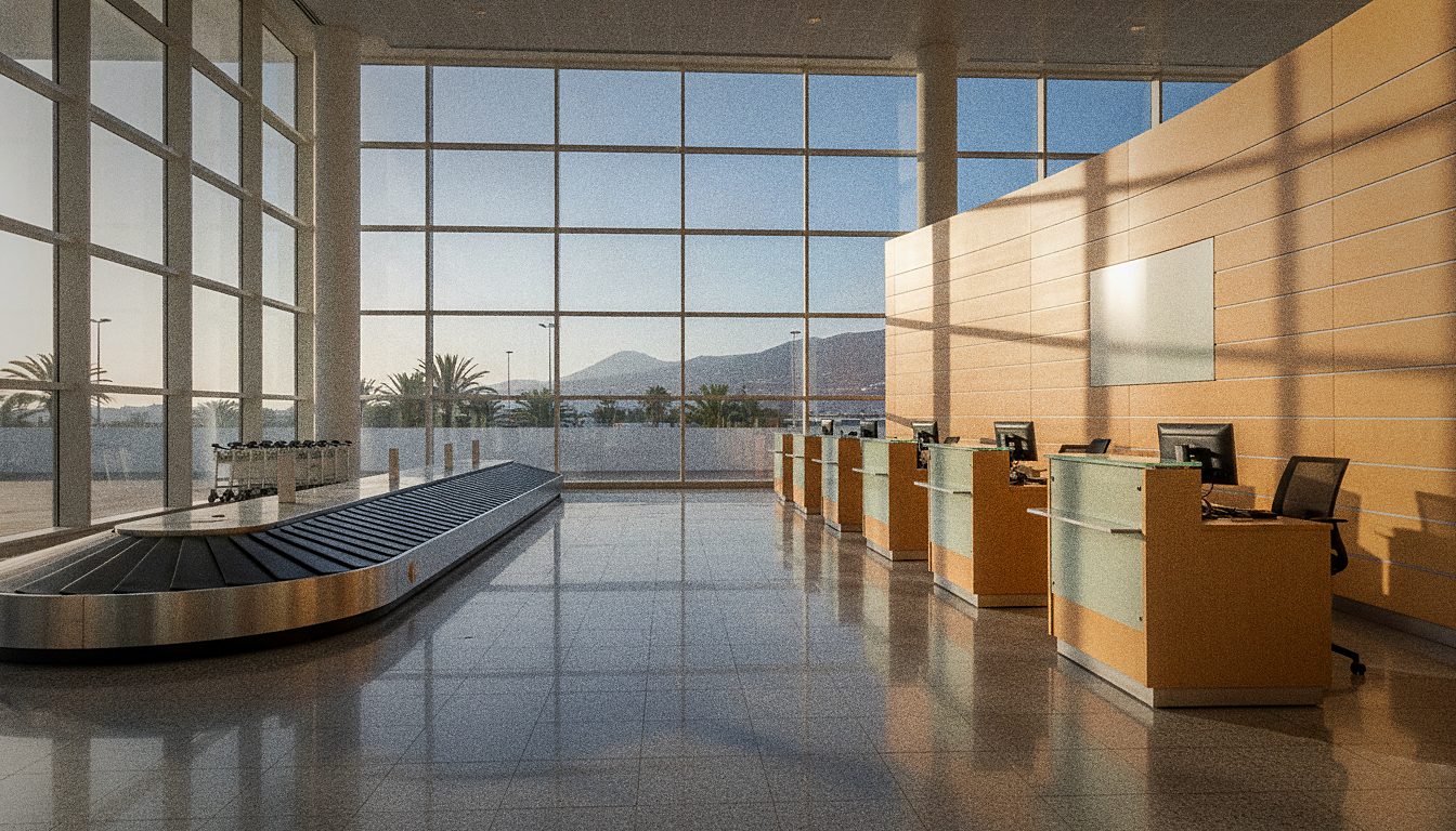 Car rental desk opposite a baggage-claim belt in an airport arrivals hall, sunny day