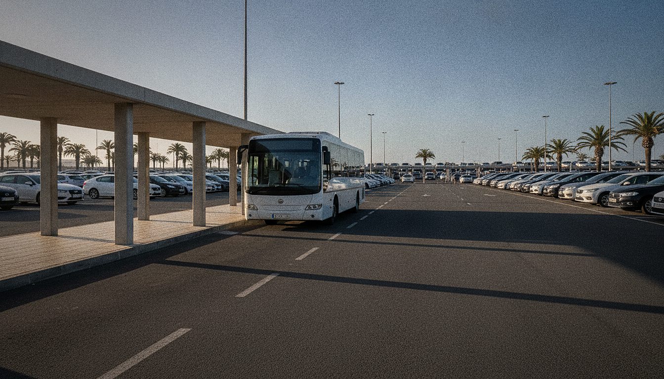 Car rental shuttle bus stop at an airport car park, sunny day
