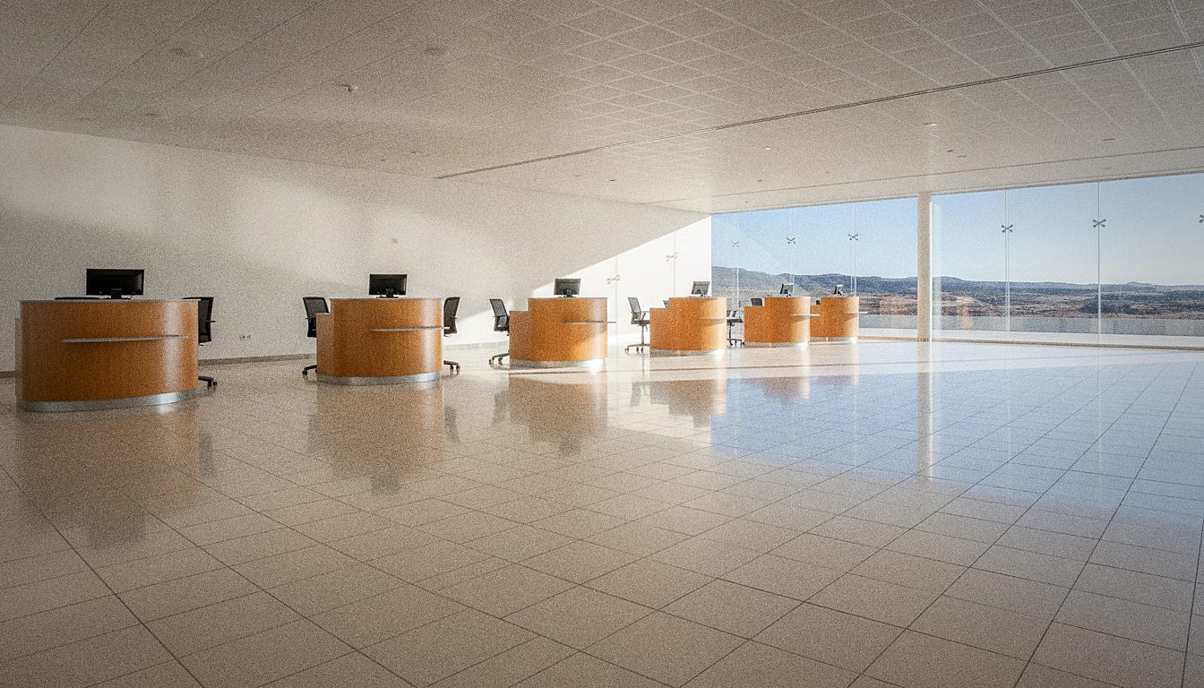 Car rental desks in the arrivals hall of Tenerife South Airport, sunny day