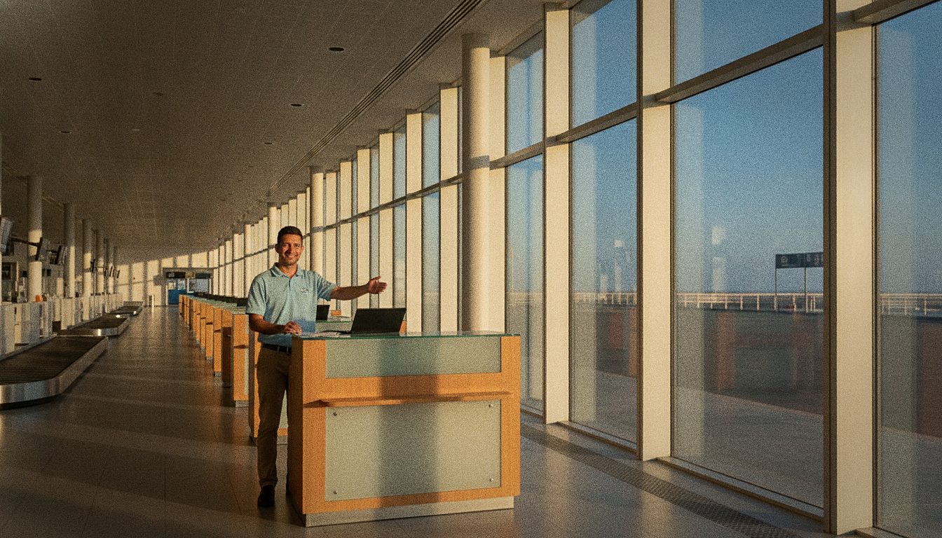 Car rental counter inside an airport terminal, staff assisting a traveller
