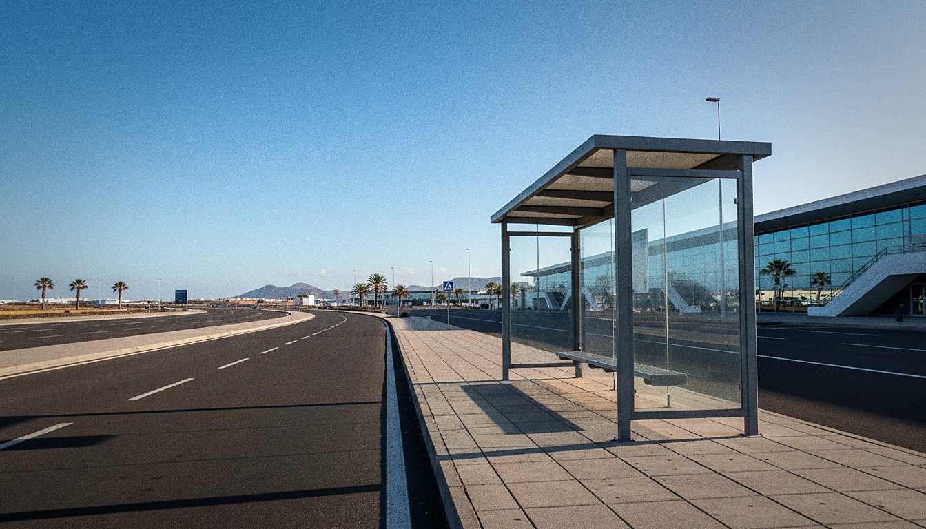 Airport rental-car shuttle bus stop with passengers waiting, sunny day