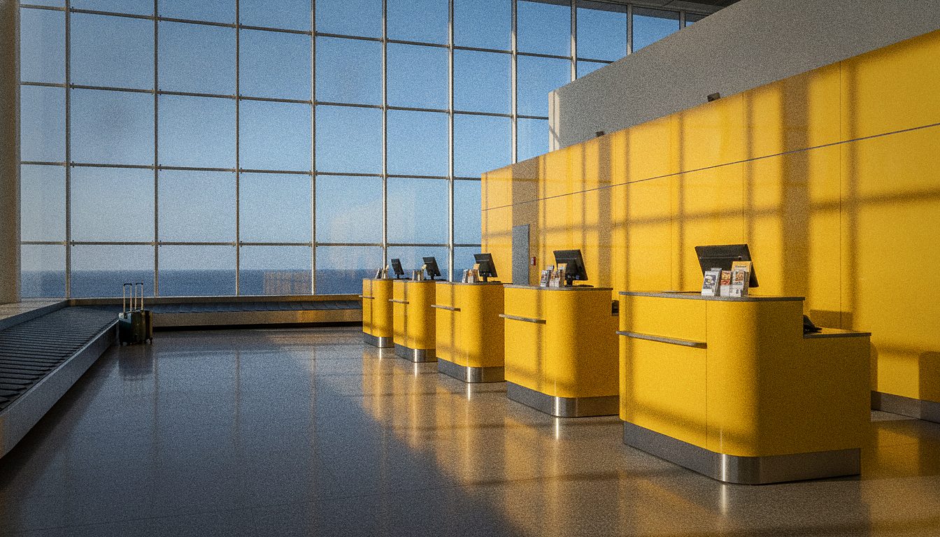Yellow car rental counter in an airport arrivals hall, travellers with luggage