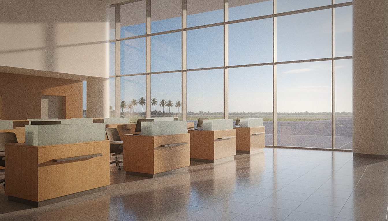 Hertz car rental counter in an airport arrivals hall, sunny day