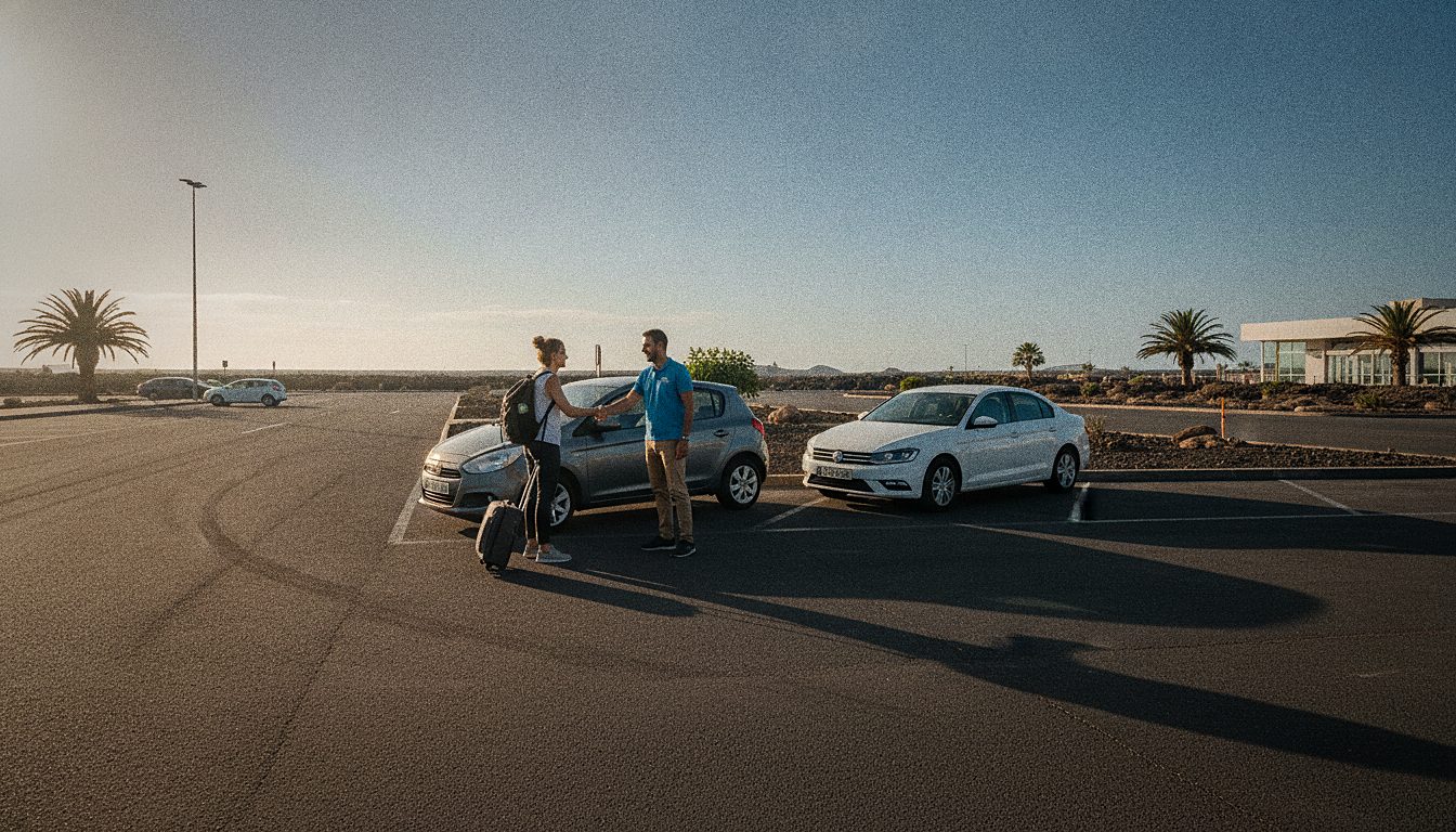 Small car rental representative meeting travellers in an airport car park, sunny day
