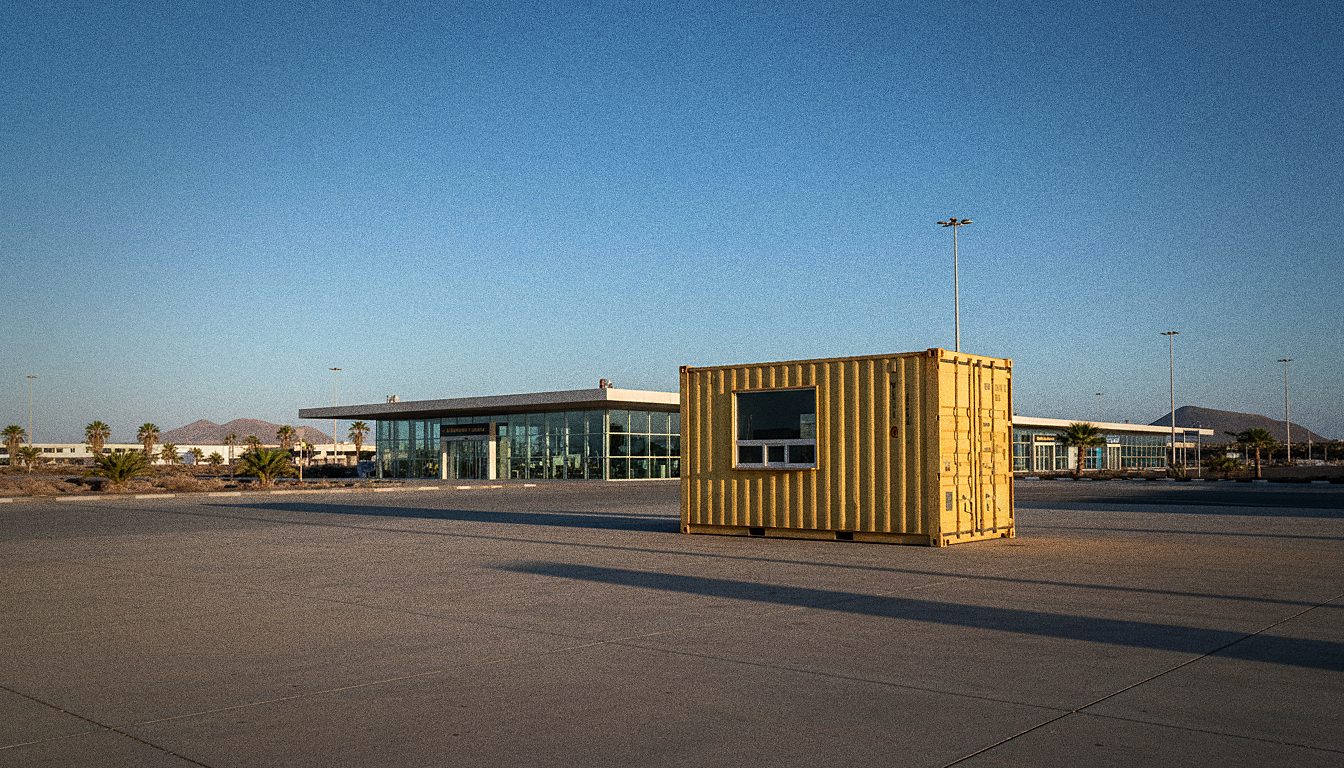 Car rental kiosk container near an airport arrivals hall, sunny day