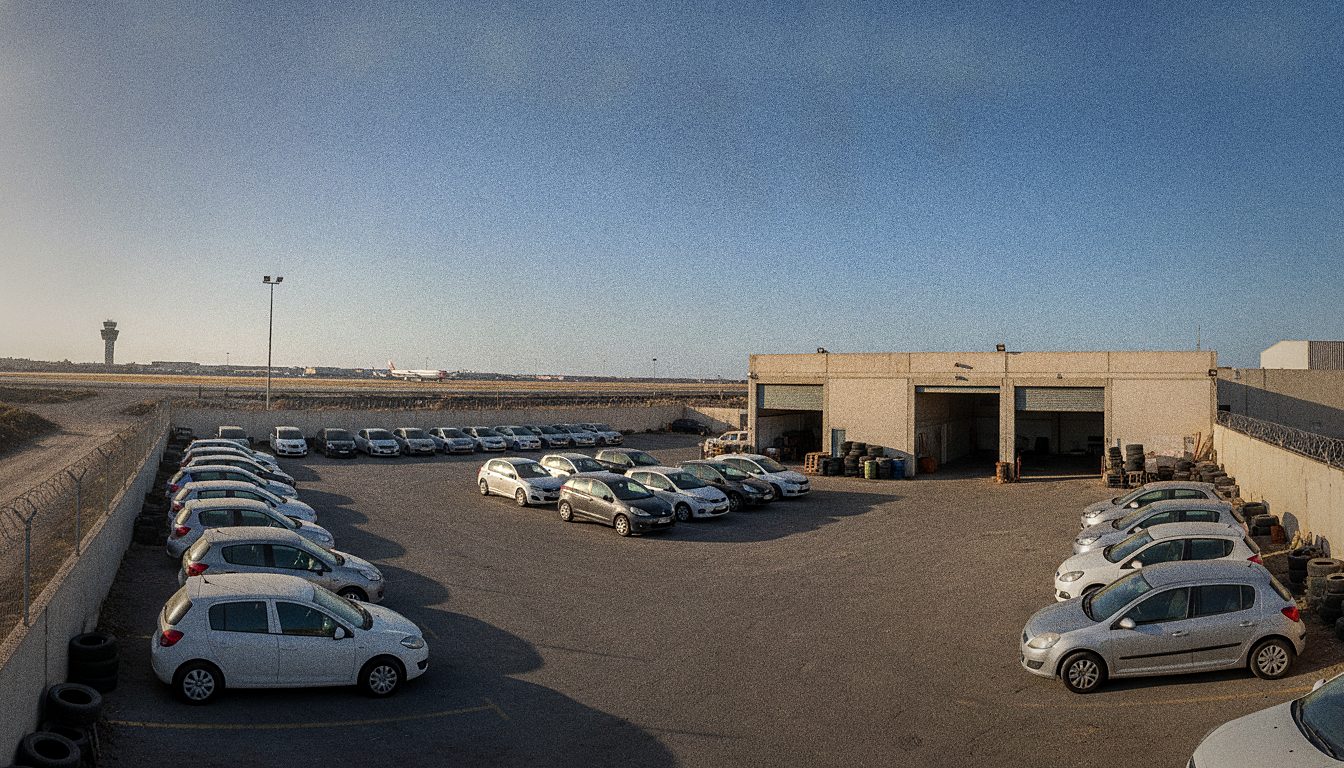 Small car rental depot in an industrial estate near an airport, parked cars, sunny day