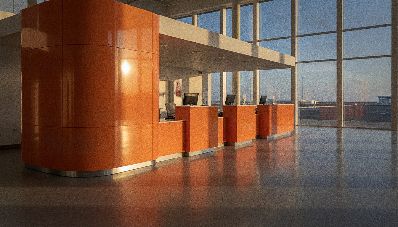 Orange car rental counter in an airport arrivals hall, sunny day