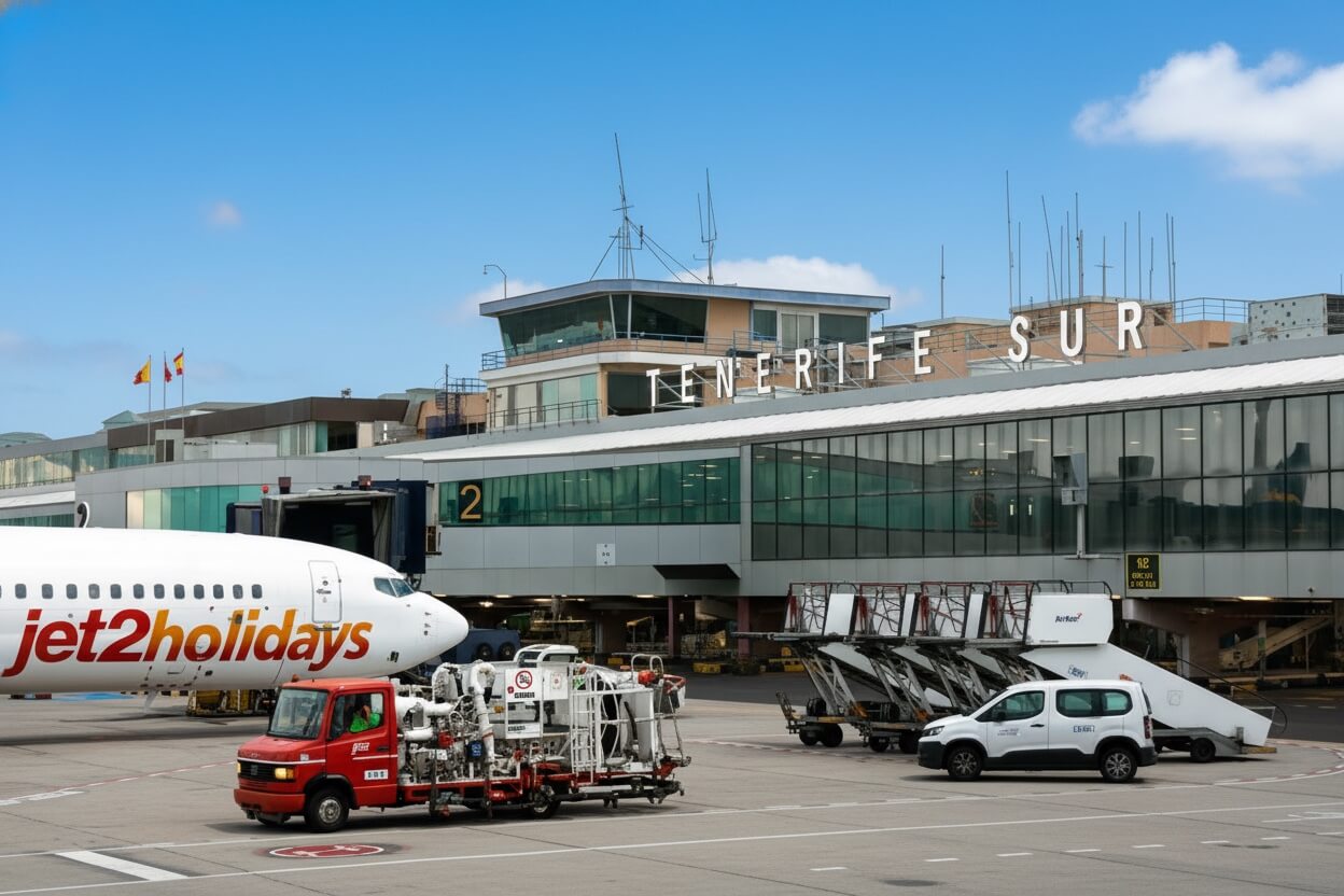 Car hire desks inside Tenerife South Airport arrivals — CICAR, AutoReisen, SIXT, Hertz