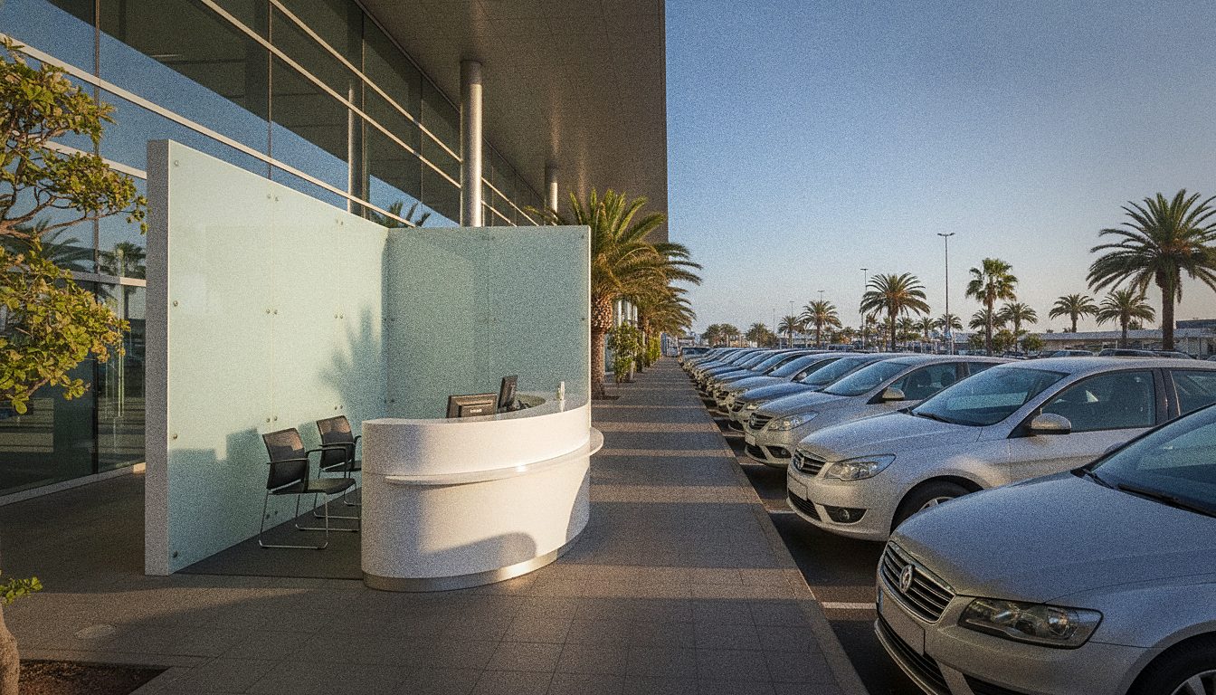 Car rental company desk just outside an airport terminal building, parked cars nearby