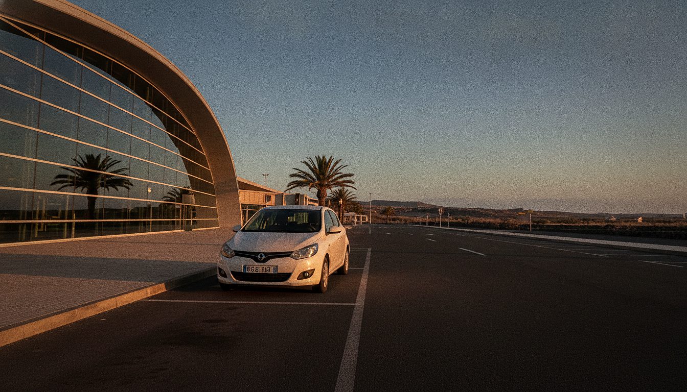 Small hire car ready for pickup outside the terminal at Tenerife South Airport