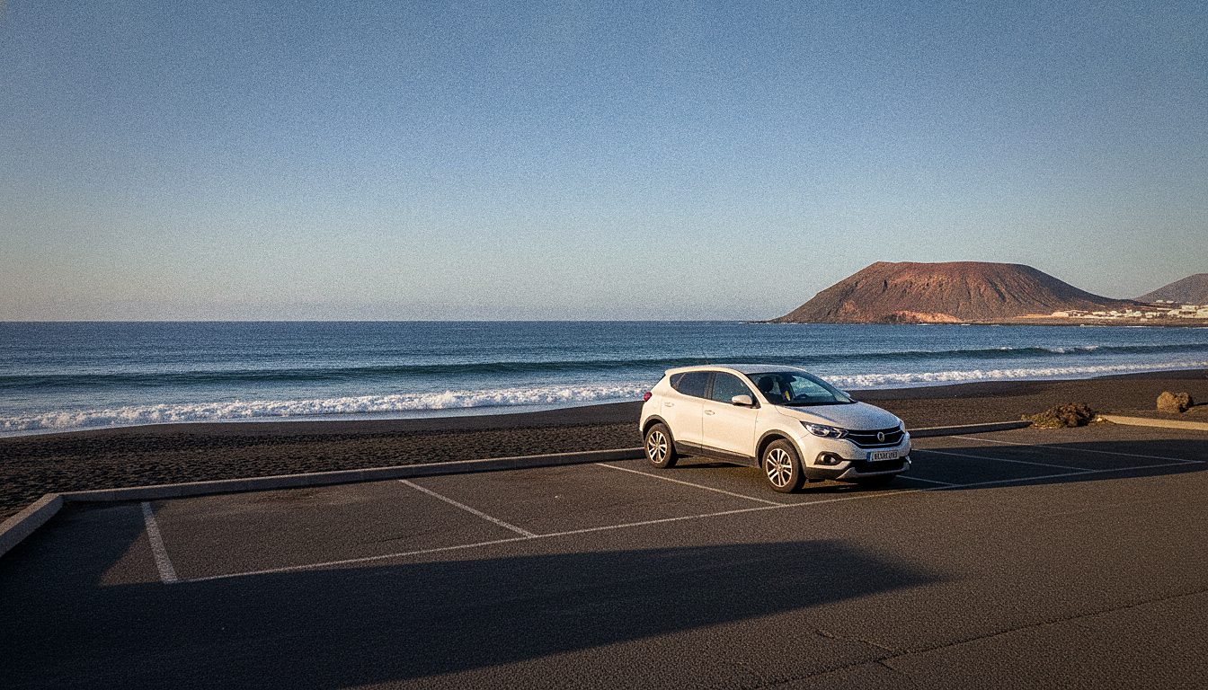 Rental car parked beside the volcanic black-sand beach at El Medano in Tenerife