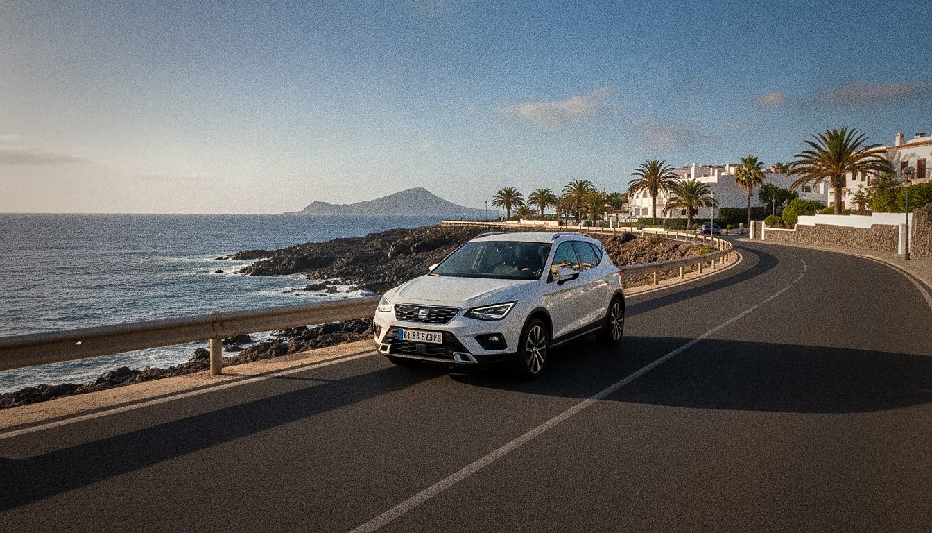 Hire car on the seafront road at Los Cristianos in southern Tenerife