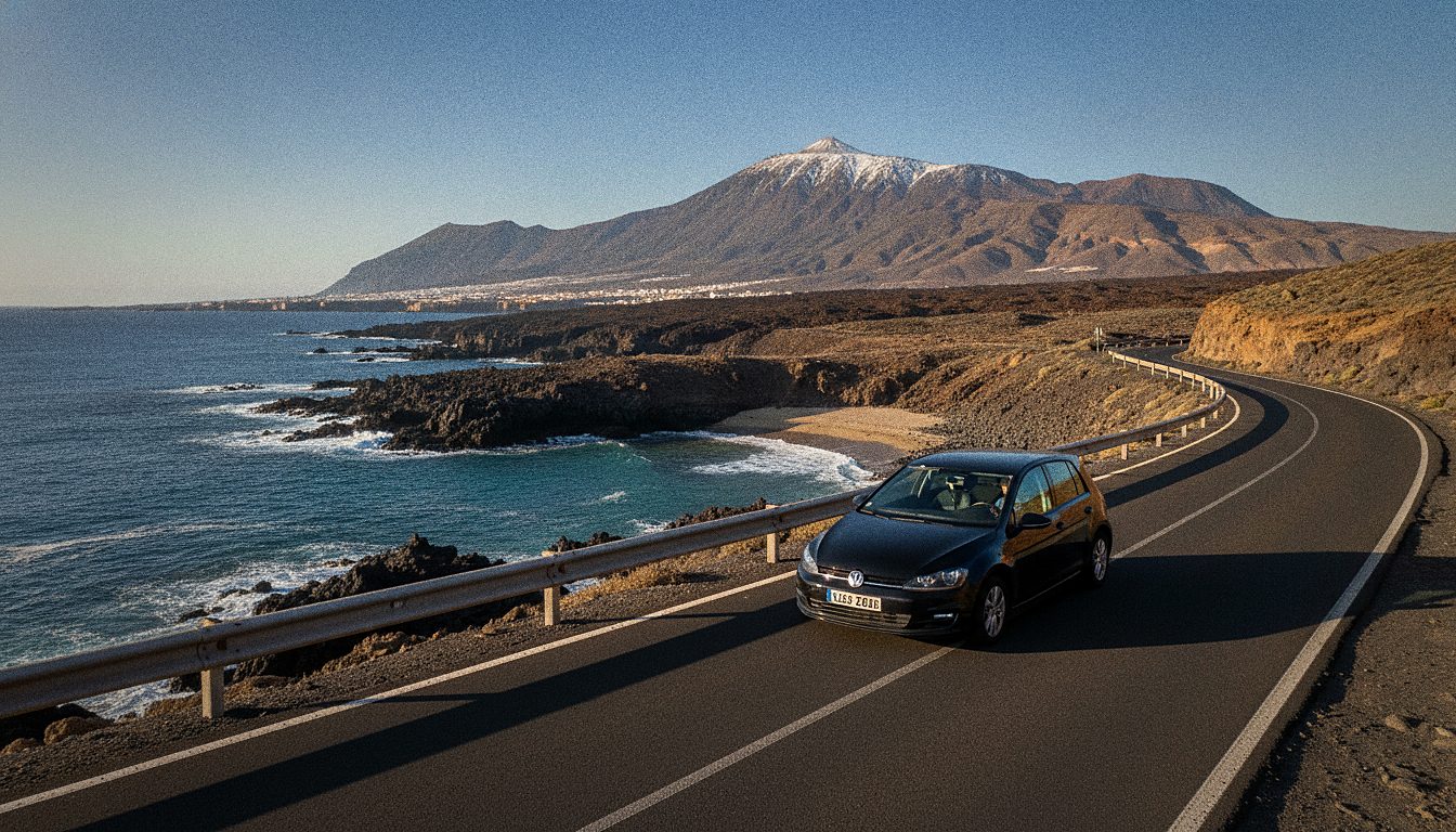 Rental car on a coastal road in southern Tenerife with Mount Teide rising in the distance