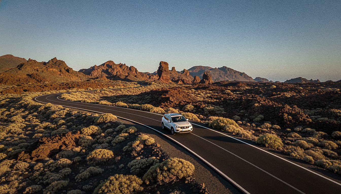 Hire car on the winding road through the volcanic landscape of Teide National Park in Tenerife